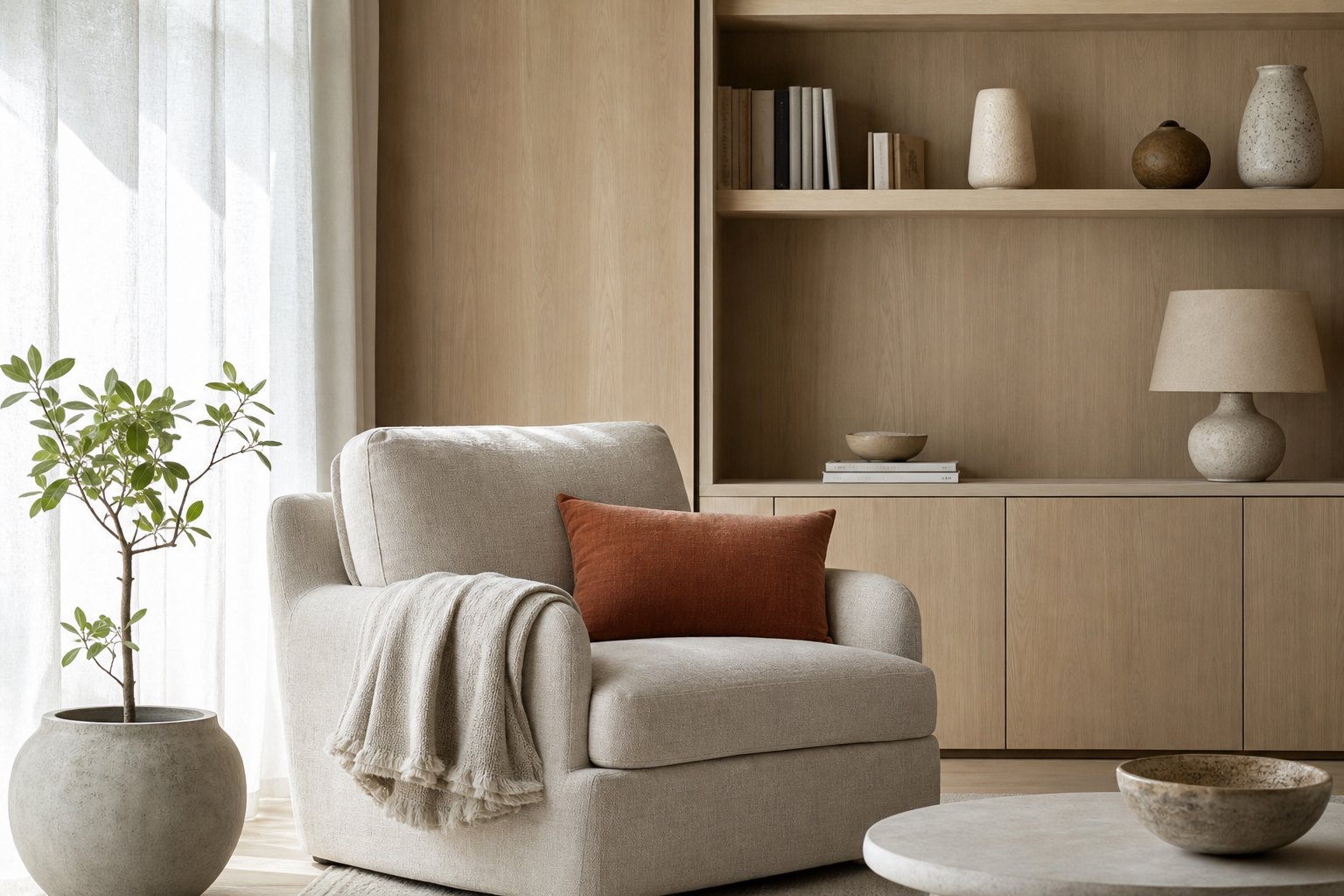A bright reading nook with pale oak panelling, a linen armchair and a shelf styled with books and ceramics
