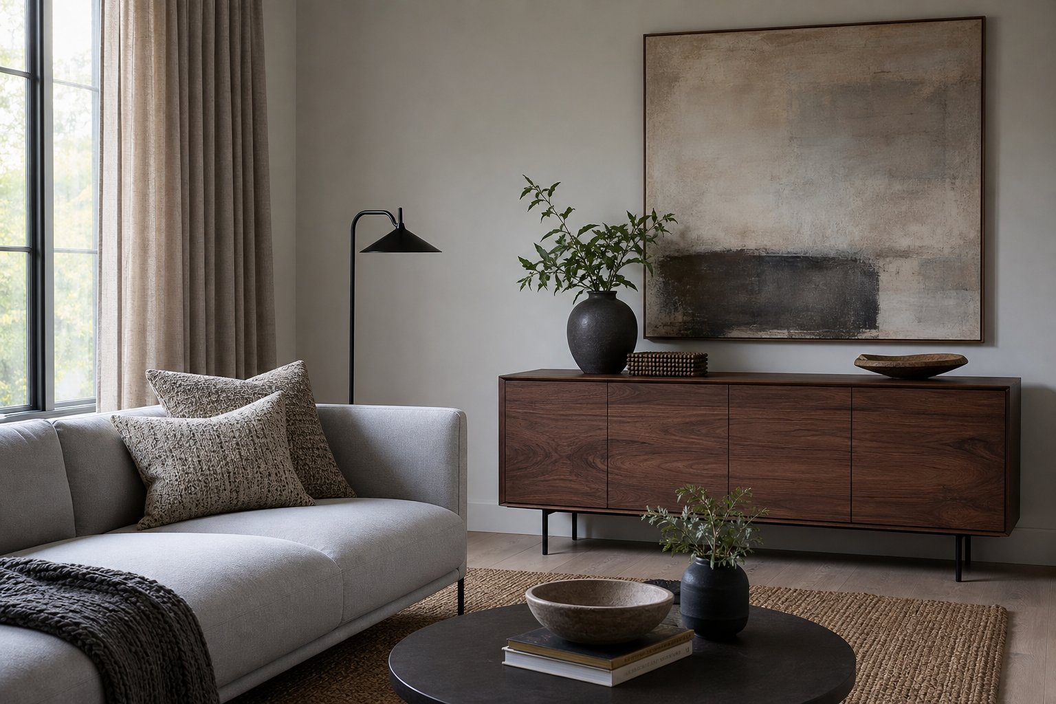 A calm contemporary living room with a light grey sofa, walnut sideboard and large windows with linen curtains