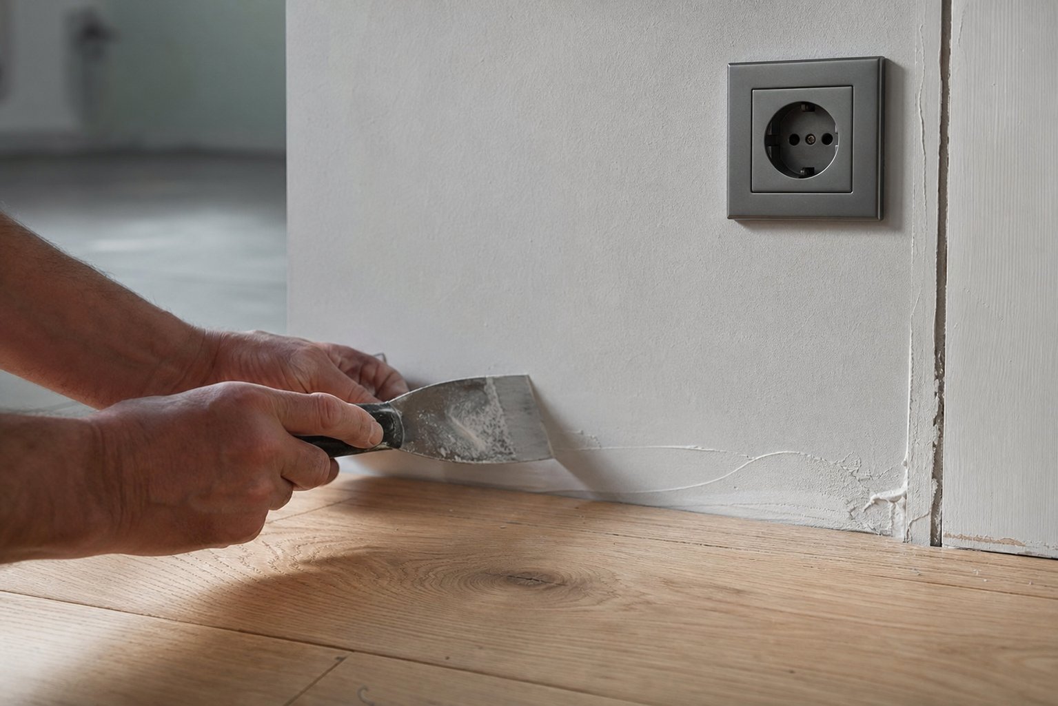 Close-up of finishing work: fresh plaster being smoothed beside new light oak flooring